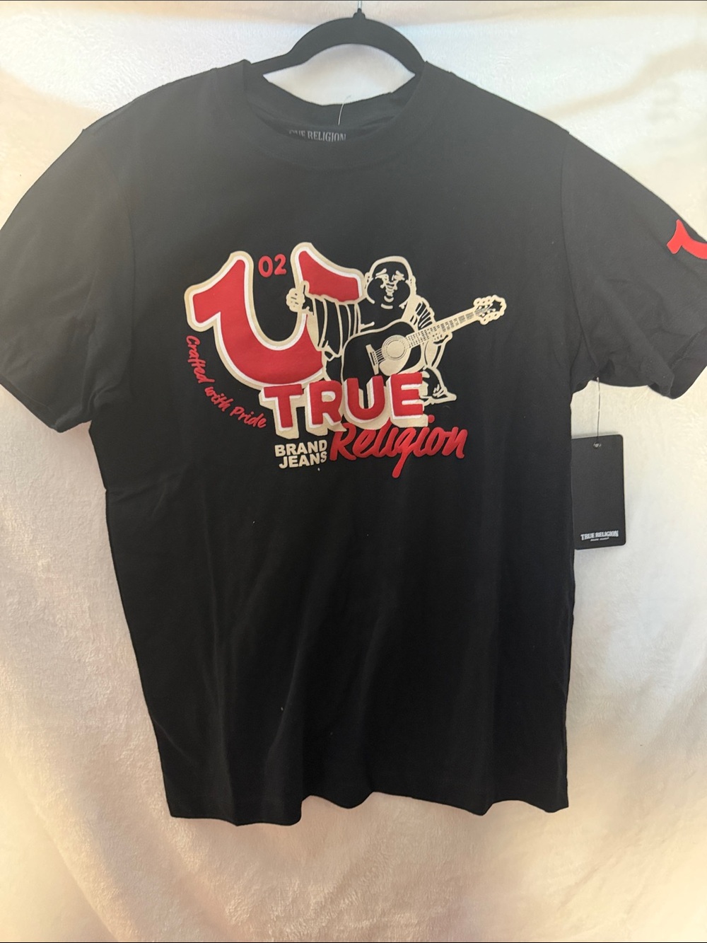 True Religion Black Tee with Red and Cream Graphic Logo